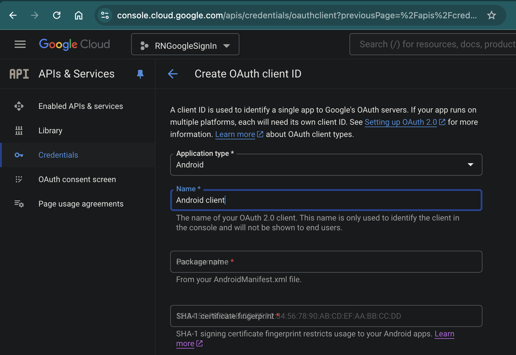 Google cloud console - creating Android OAuth ID